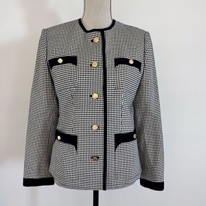 Collarless Leather Feel Jacket Blazer Full Lined Navy White Lattice‎